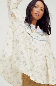 Free People Floral Paloma  Button Down Pleated Yoke Top